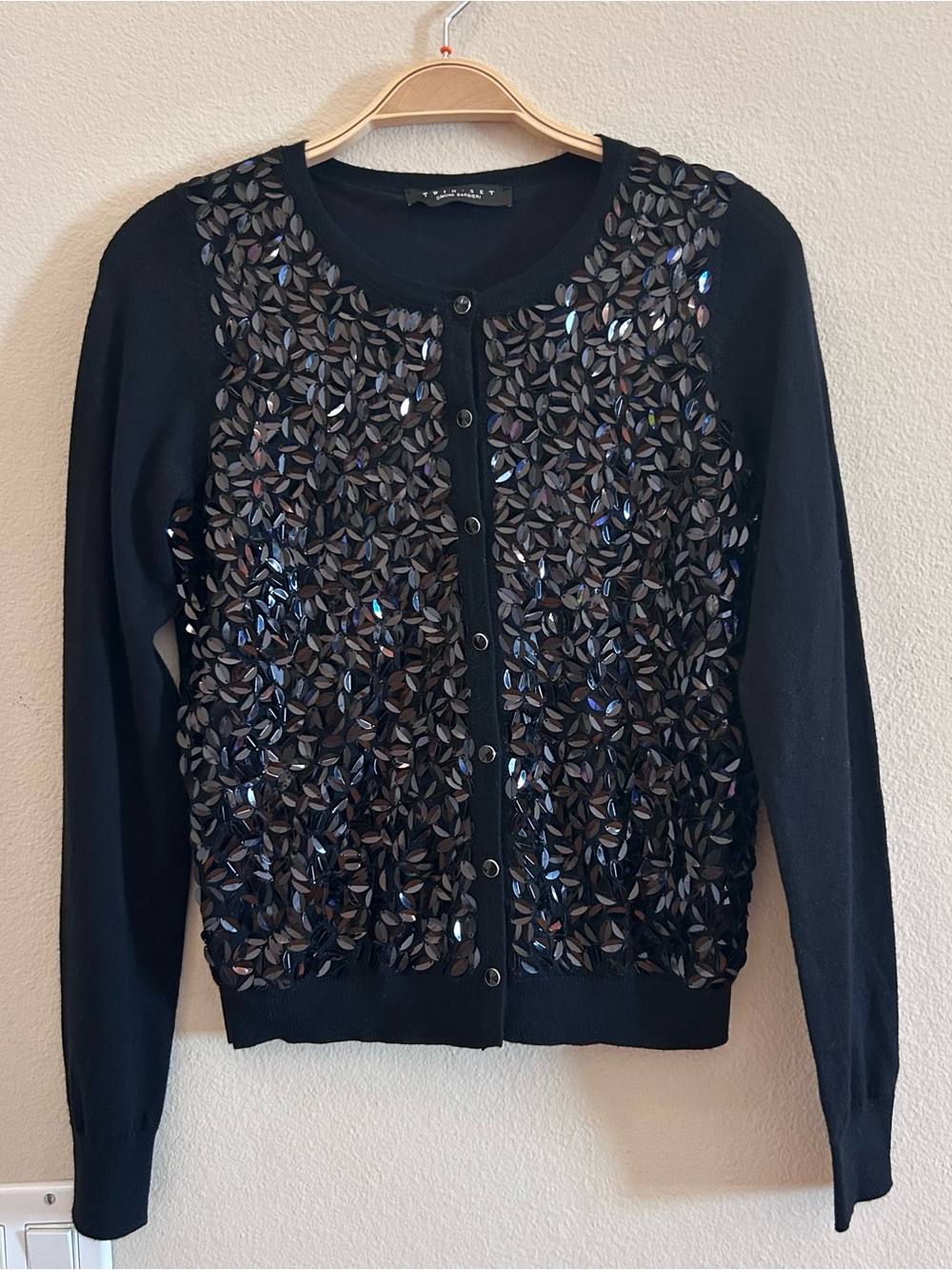 Twin-Set Simona Barbieri Black Wool Sequin Cardi X Small Button Front